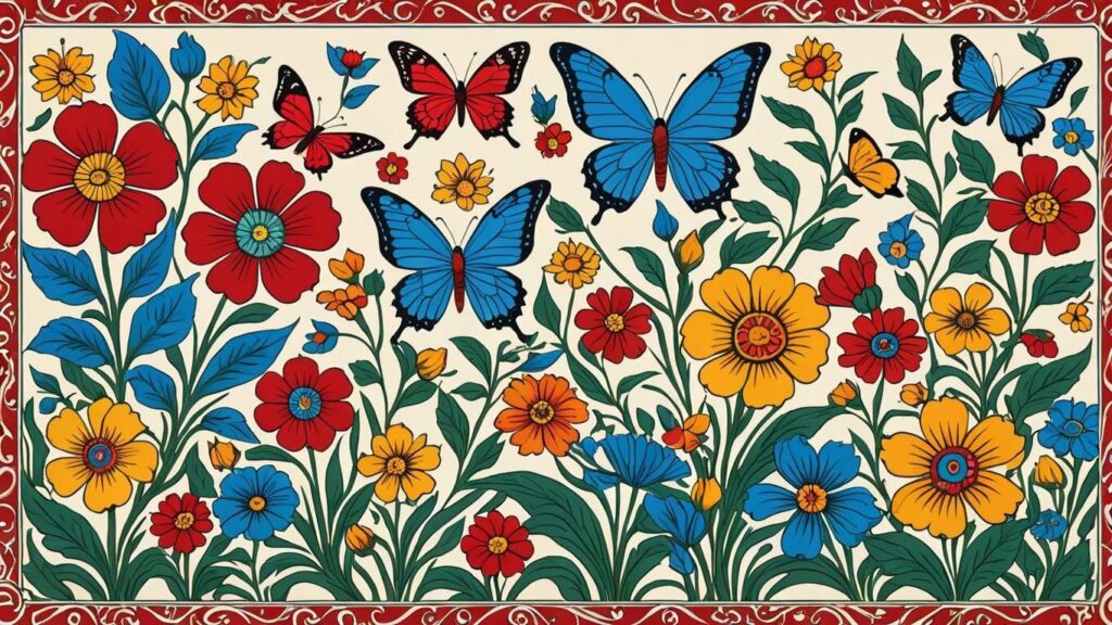 Butterflies and flowers in a folk art style